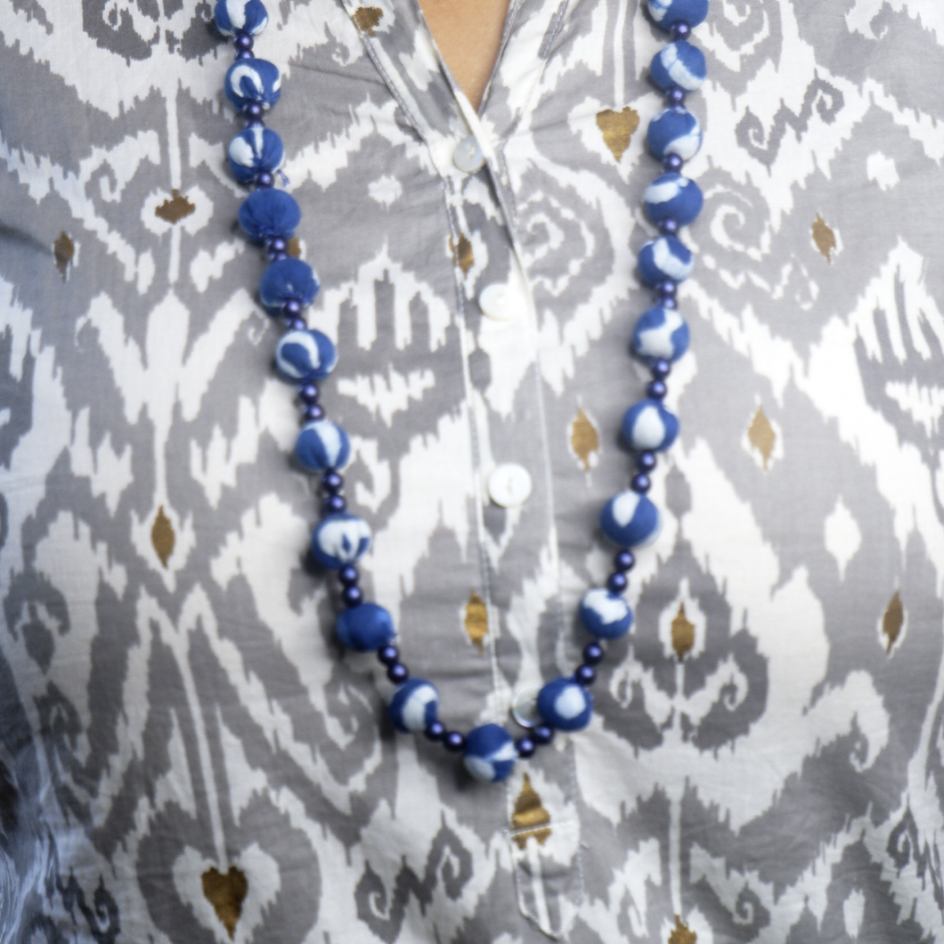 Indigo Fabric Pompom necklace