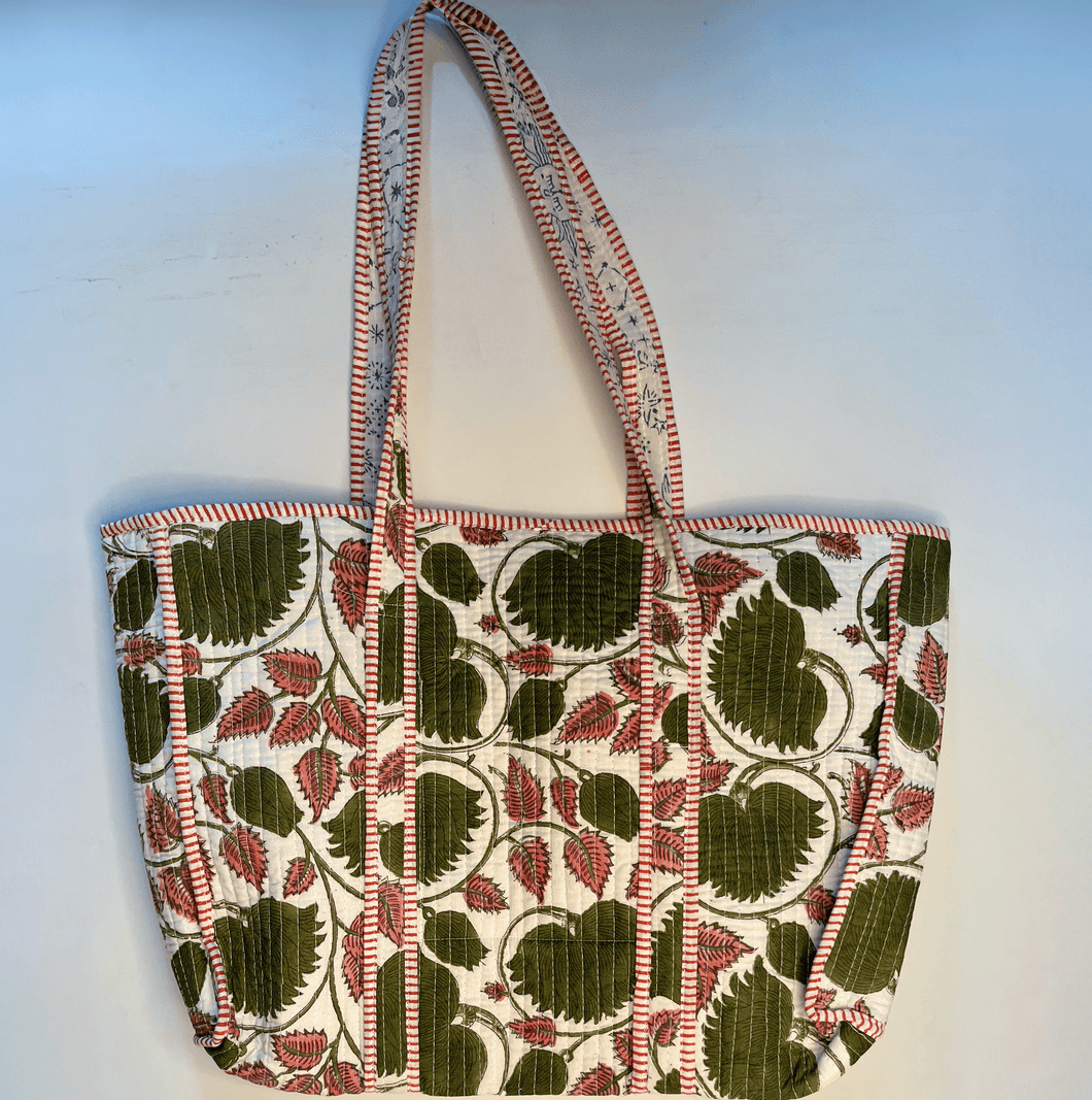 Hand block printed Quilted Tote bag without Zip/button