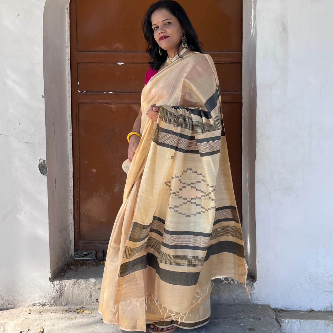 Beige & Black Muga silk saree