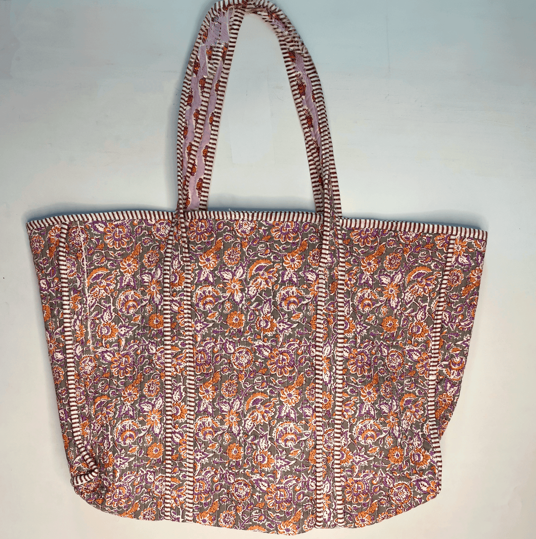 Hand block printed Quilted Tote bag without Zip/button