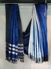 Load image into Gallery viewer, Bhagalpuri Navy blue &amp; Silver zari striped linen saree
