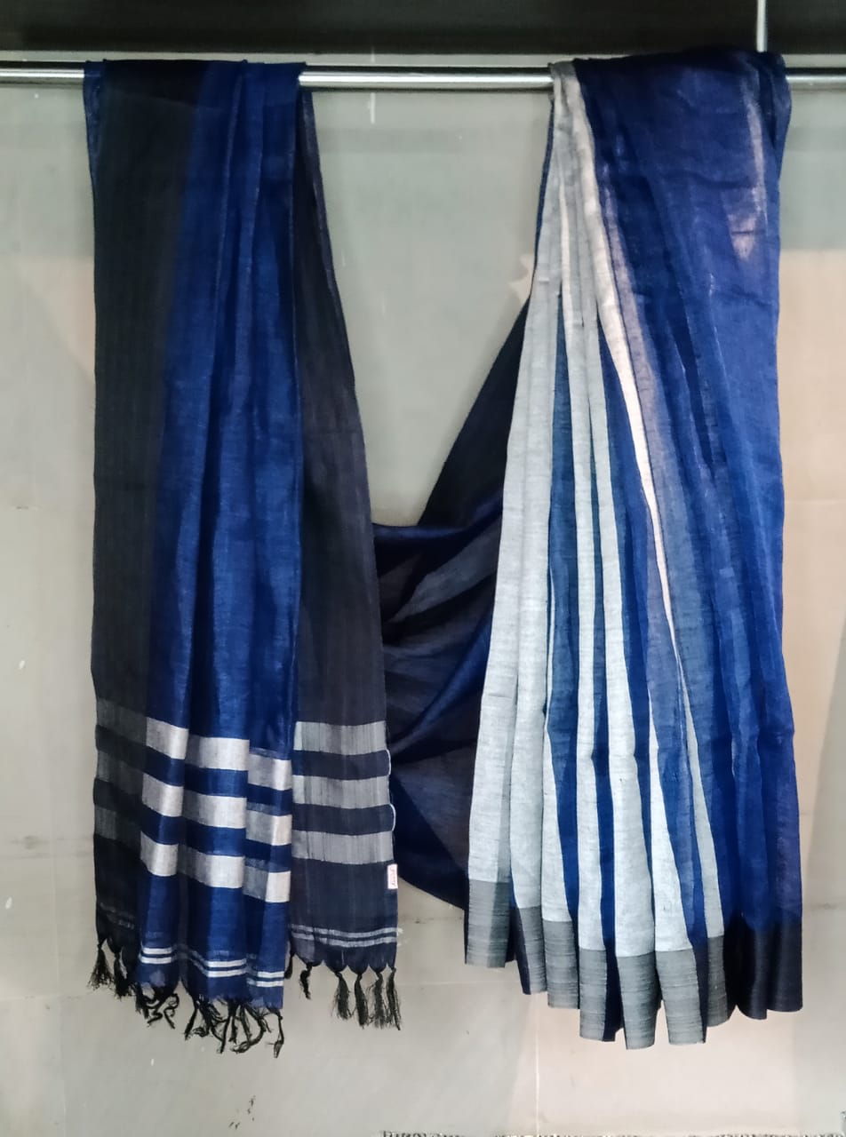 Bhagalpuri Navy blue & Silver zari striped linen saree