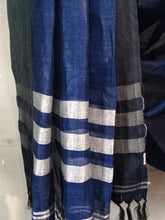 Load image into Gallery viewer, Bhagalpuri Navy blue &amp; Silver zari striped linen saree
