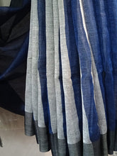 Load image into Gallery viewer, Bhagalpuri Navy blue &amp; Silver zari striped linen saree
