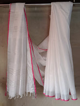 Load image into Gallery viewer, Bhagalpuri white with pink border linen saree
