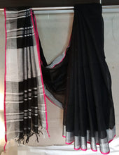 Load image into Gallery viewer, Bhagalpuri Black and pink cotton linen saree
