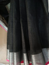 Load image into Gallery viewer, Bhagalpuri Black and pink cotton linen saree
