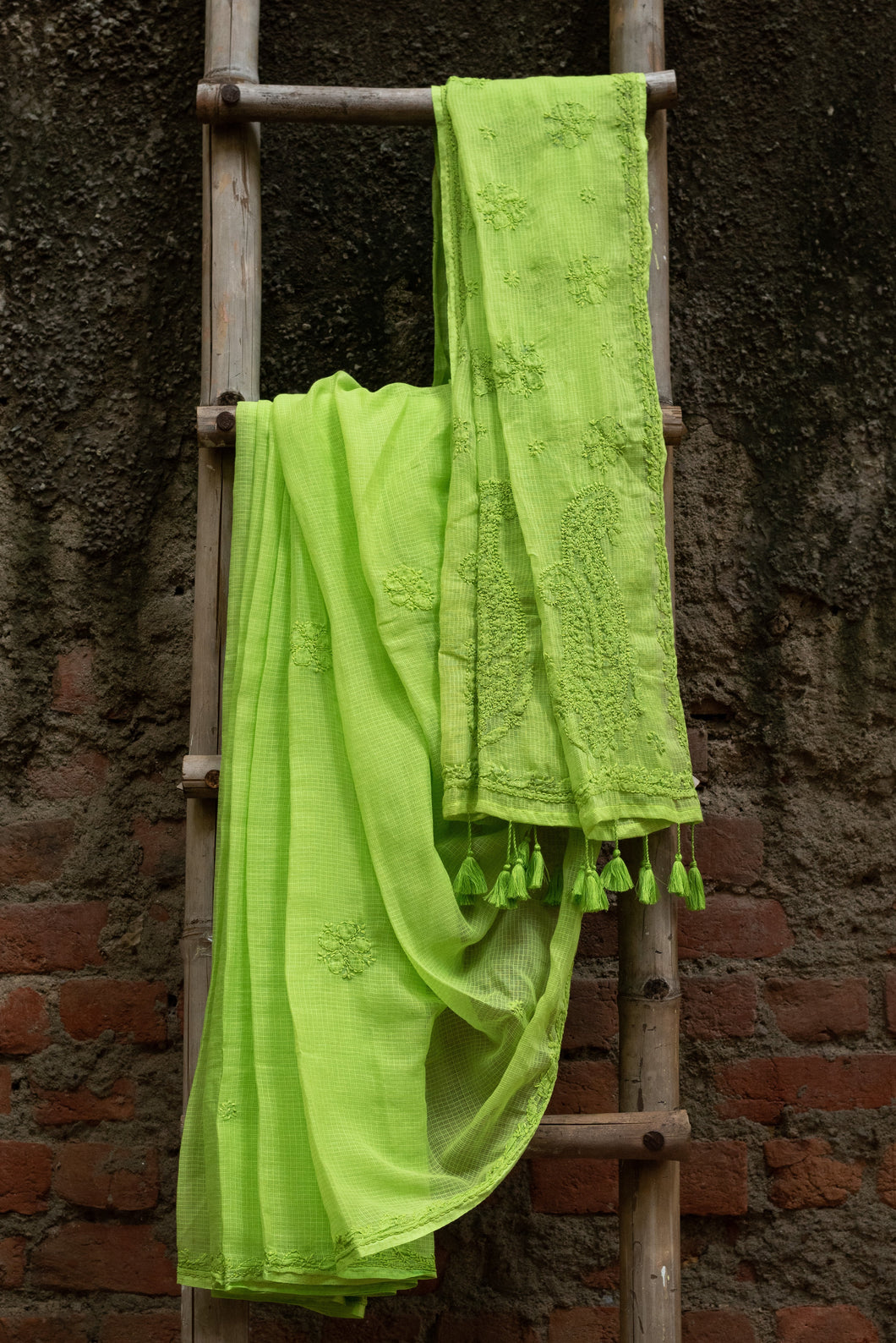 Nawaab Parrot Green Keri Buta Chikankari Sarees