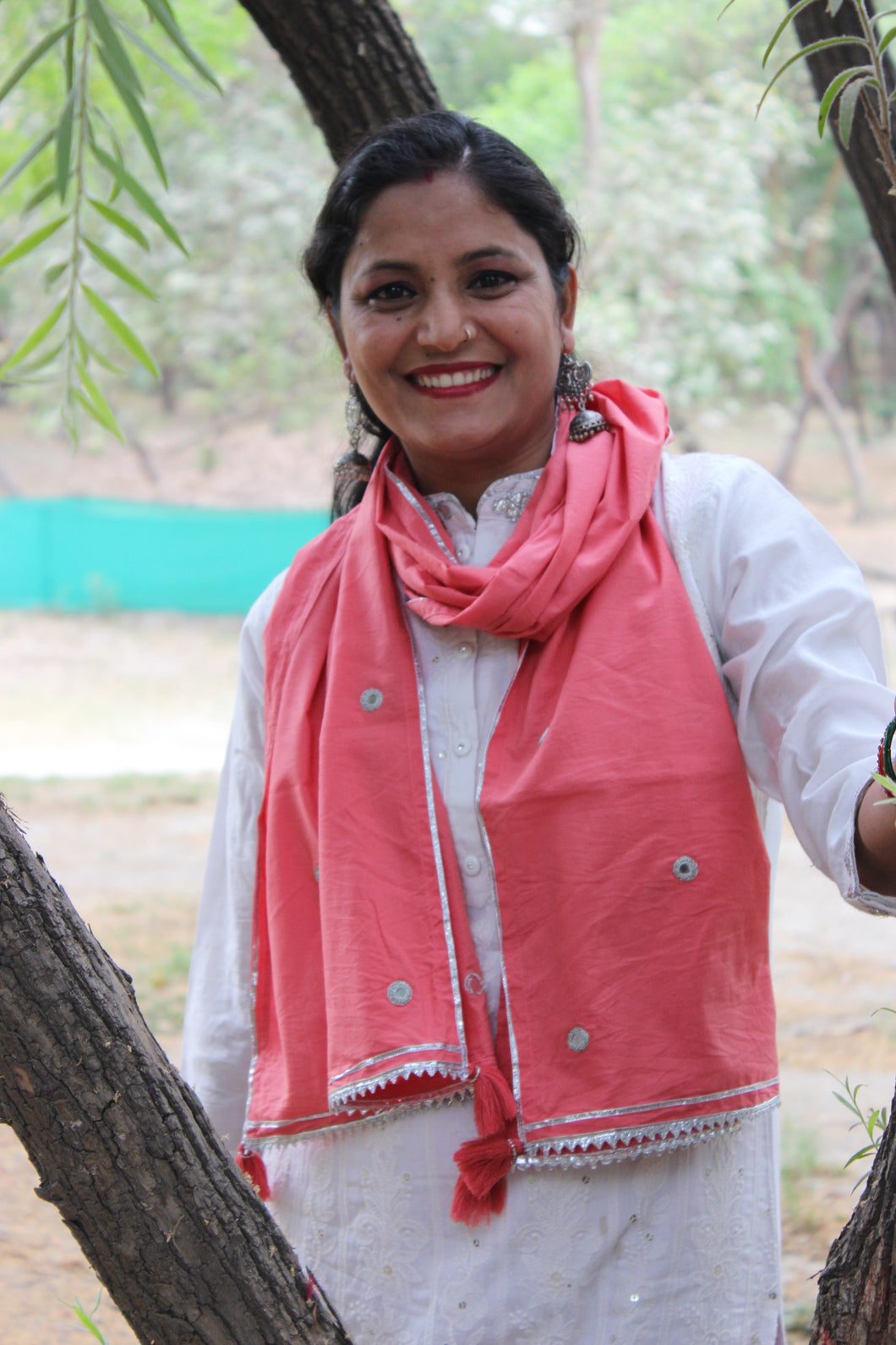 Coral Pink Mirror Work Mul Cotton Stole