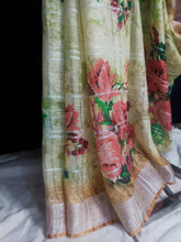 Load image into Gallery viewer, Bhagalpuri yellow green Printed Linen Saree
