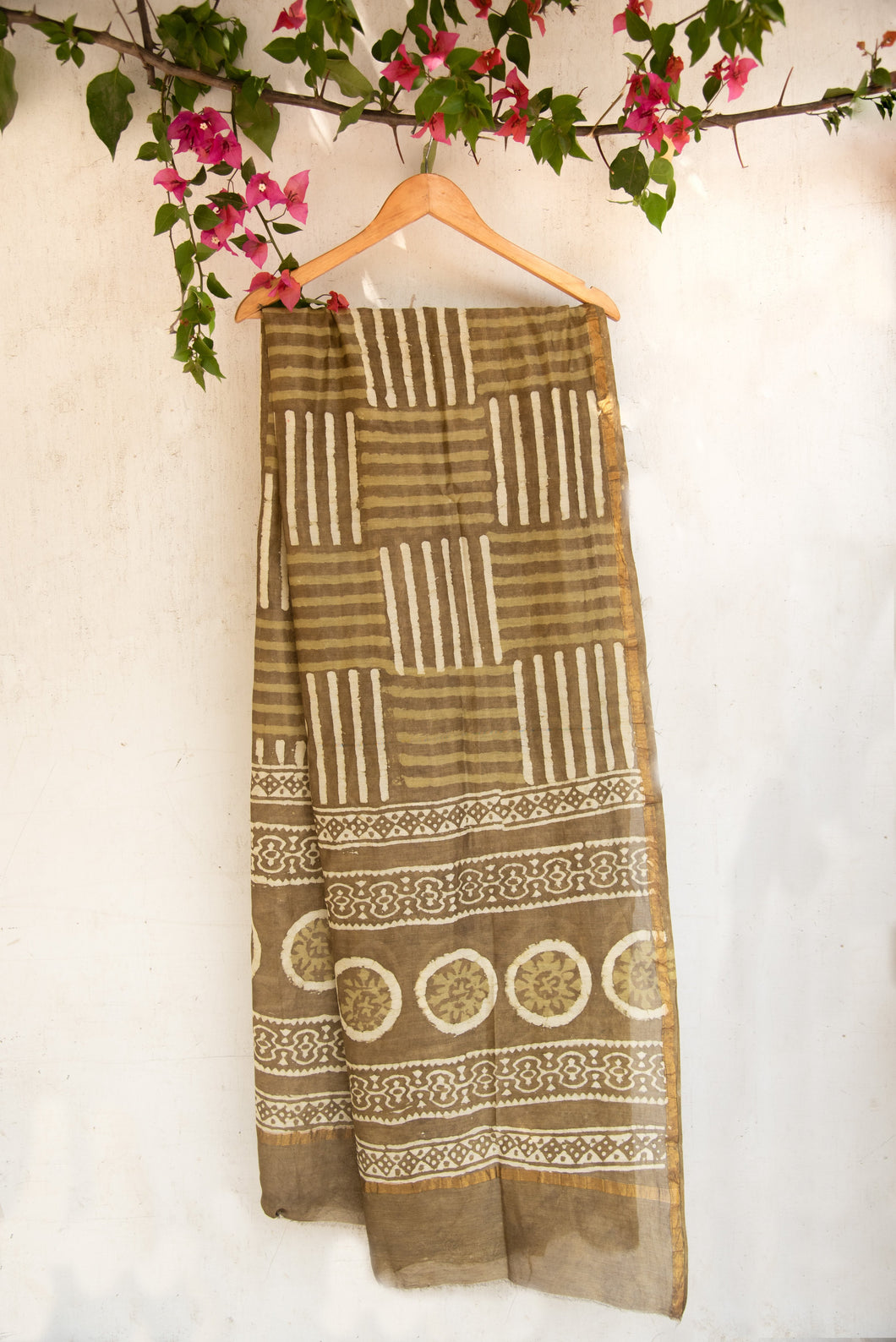 GulBano Brown Dabu Block-Printed Chanderi Dupatta