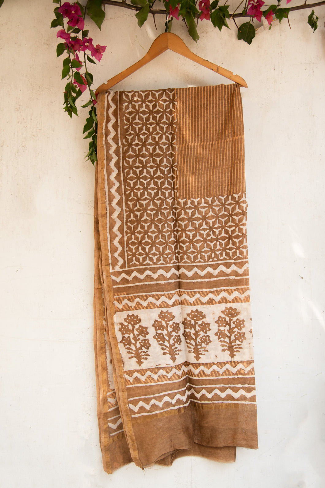 GulBano Ochre Yellow Dabu-Block Printed Chanderi Dupatta